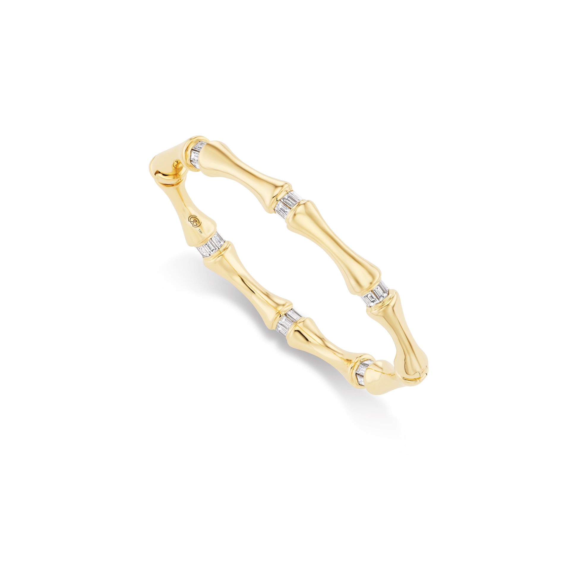 Gold bracelet with a bamboo design and diamond details on a white background