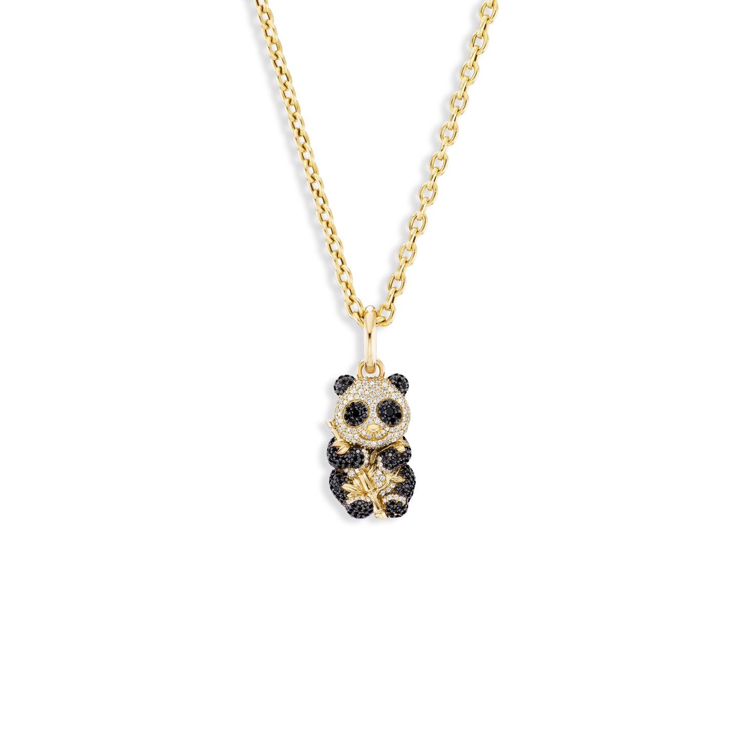 Panda-shaped pendant on a gold chain against a white background