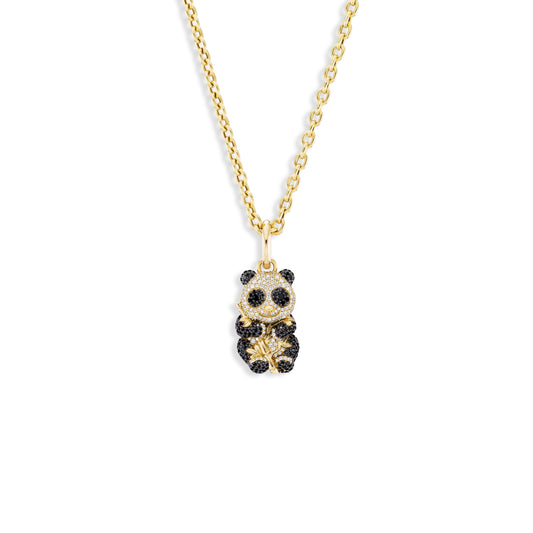 Panda-shaped pendant on a gold chain against a white background
