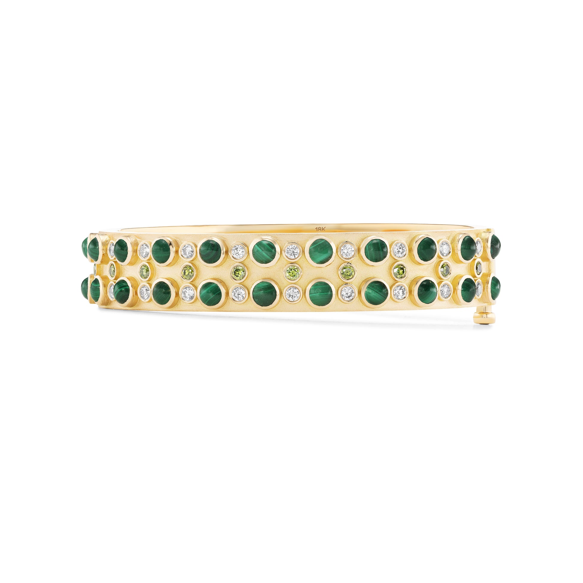 Gold bangle bracelet with green Malachite gemstones on a white background