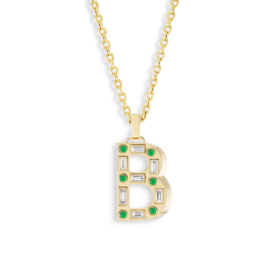 Custom B Initial Pendant with Diamonds and Emeralds