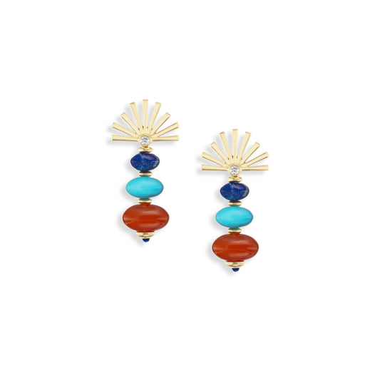 Pair of colorful earrings with gold sunburst pattern at the top and blue Lapis, Turquoise and red Carnelian beads on a white background.