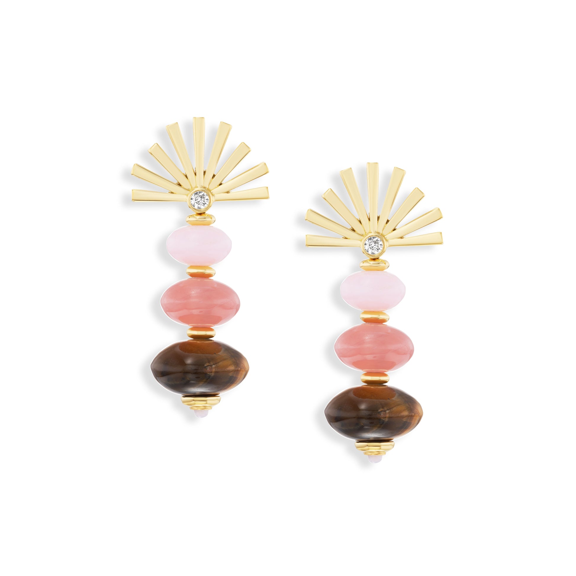 Pair of earrings with gold sunburst tops and multicolored beads on a white background