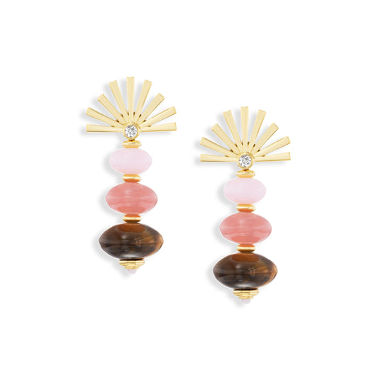 Pair of earrings with gold sunburst tops and multicolored beads on a white background