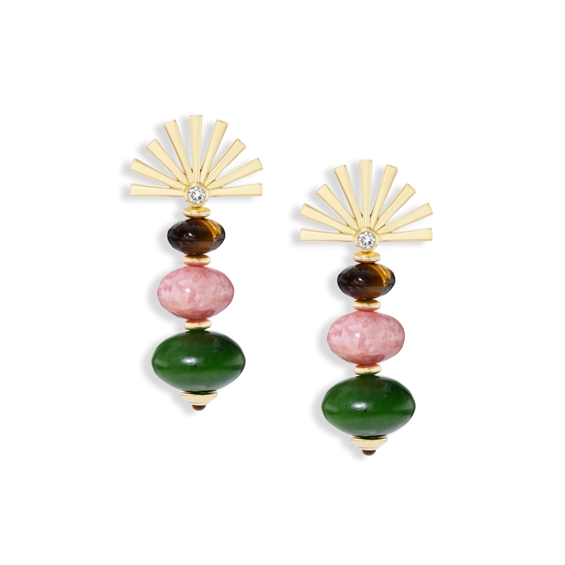 Pair of earrings with colorful beads and gold accents on a white background