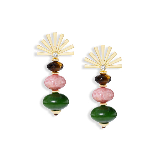 Pair of earrings with colorful beads and gold accents on a white background