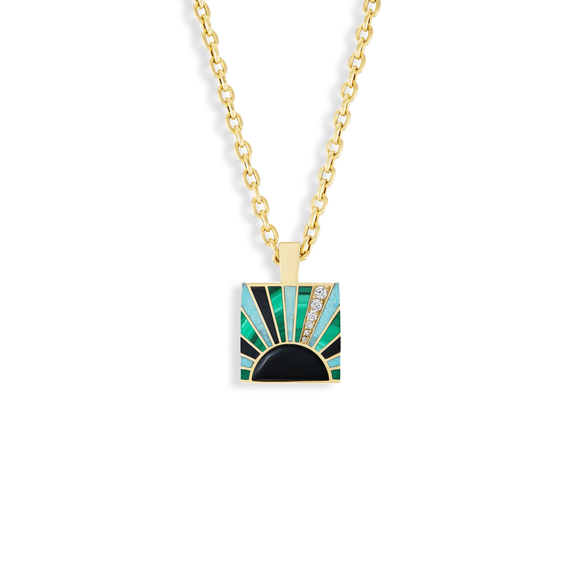 Gold necklace with a square pendant featuring green and black colors on a white background