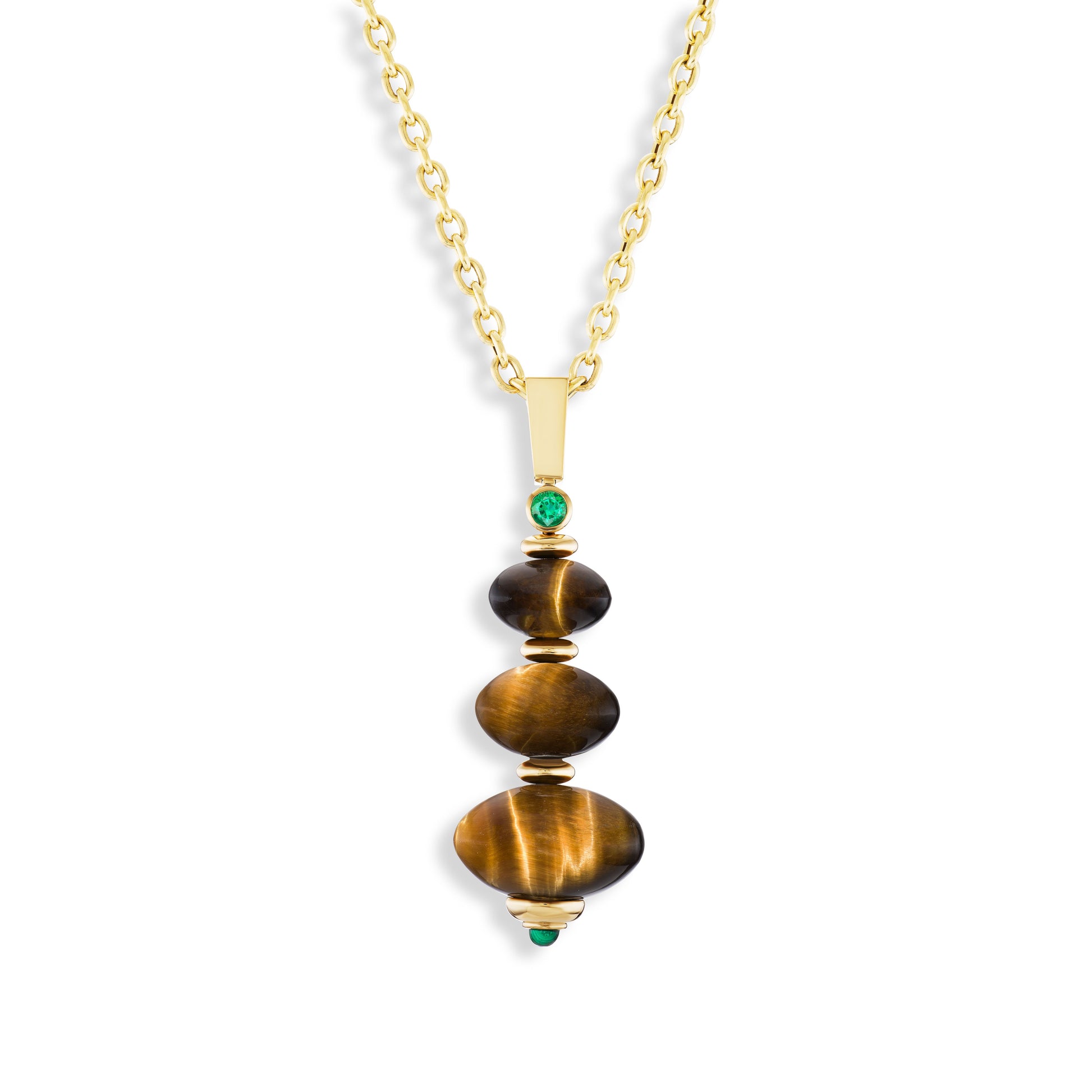 Gold necklace with a pendant featuring tiger's eye stones on a white background