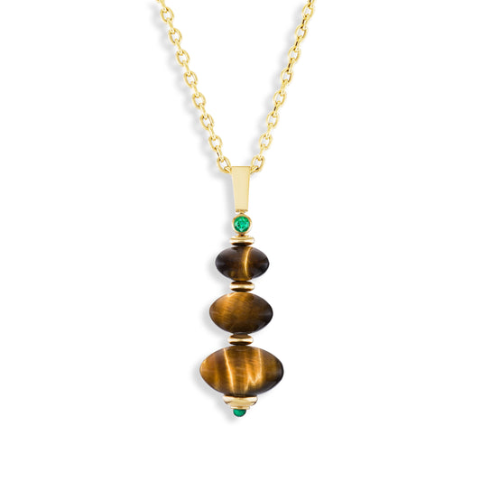 Gold necklace with a pendant featuring tiger's eye stones on a white background