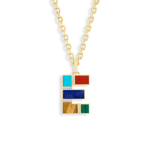An 18k yellow gold pendant "E" shaped necklace with an inlay of various carved stones including turquoise, lapis, tiger's eye, carnelian, malachite, and Brazilian opal, accompanied by a gold chain.