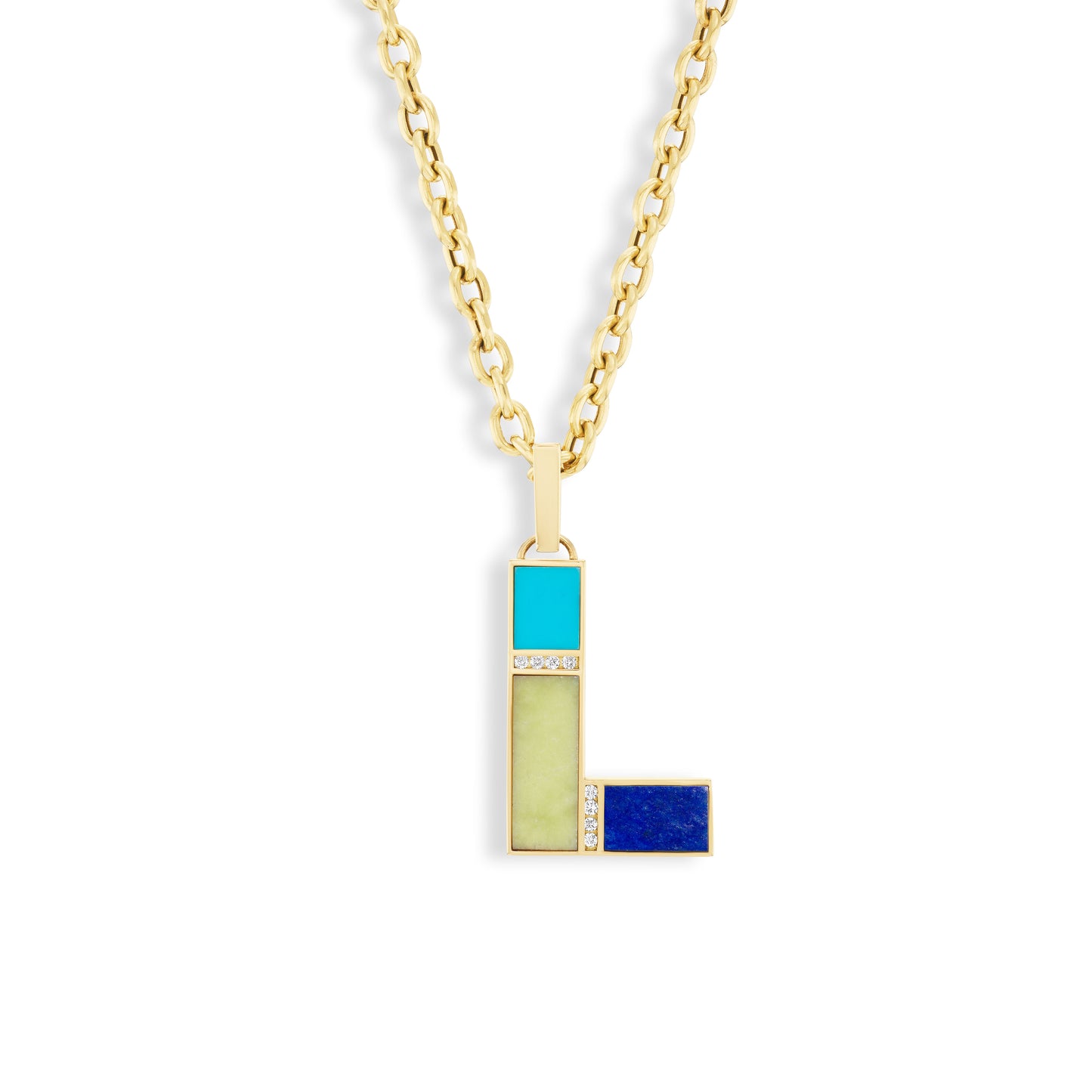 An 18k yellow gold pendant necklace with a series of inlaid carved stones, including turquoise, lapis, and others, arranged in a "L" shape, attached to a gold chain.