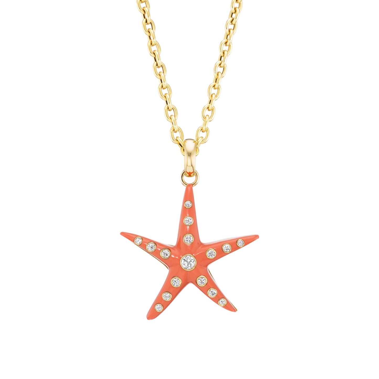 Small Starfish Pendant with Coral and Diamonds