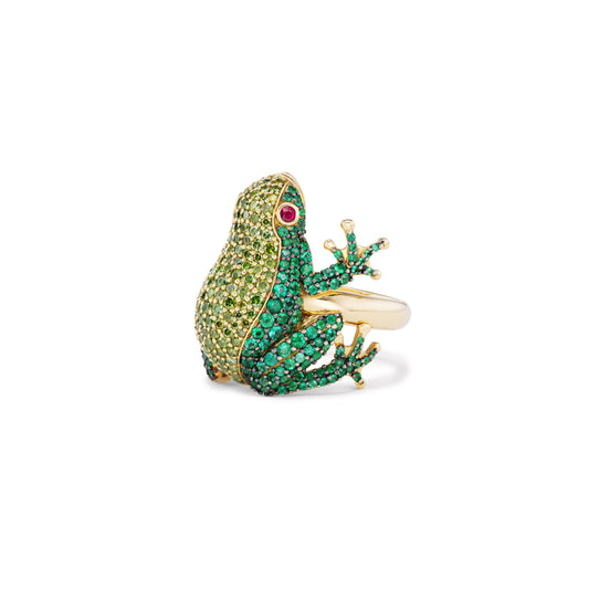Frog Ring with Emeralds and Green Diamonds