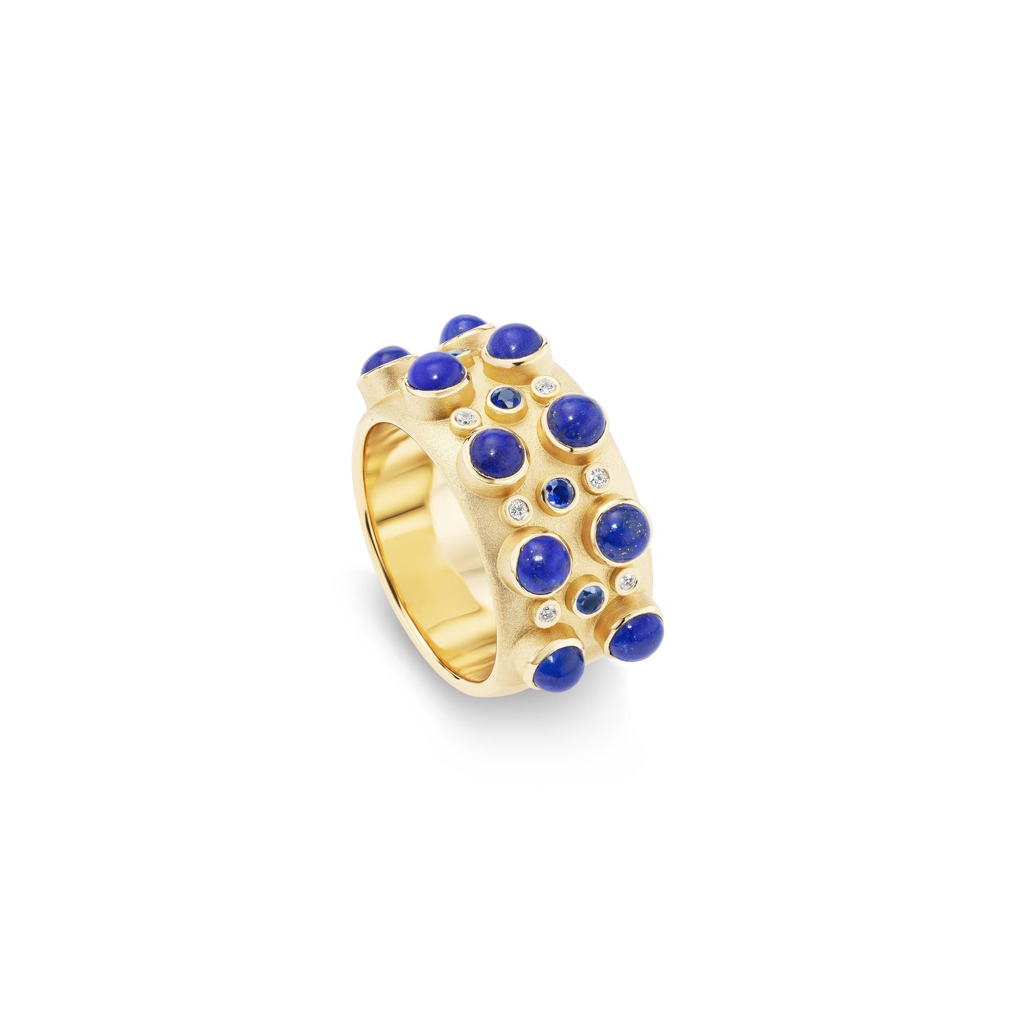 A ring with multiple cabochon stones set in gold, featuring lapis and blue sapphire accents.