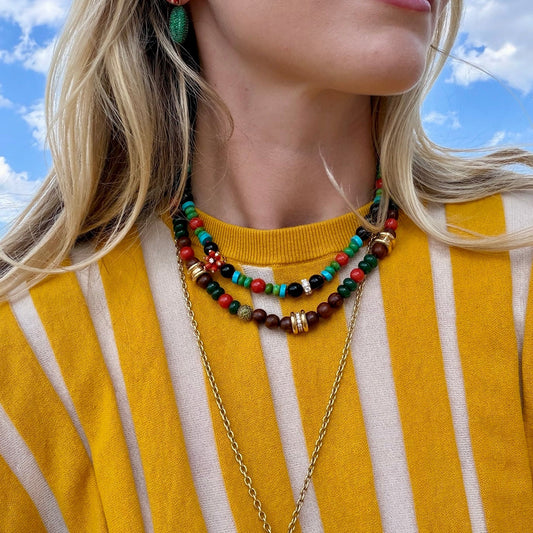 Woman wearing beaded necklaces.