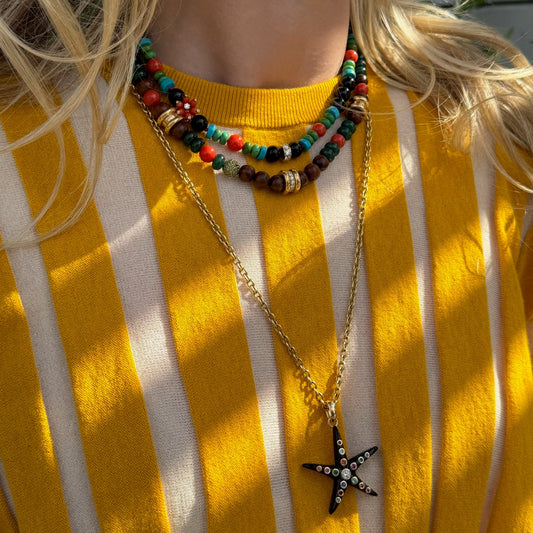 Woman wearing 3 colorful necklace