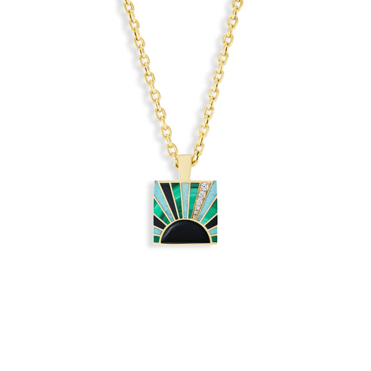 Gold necklace with a square pendant featuring green and black colors on a white background
