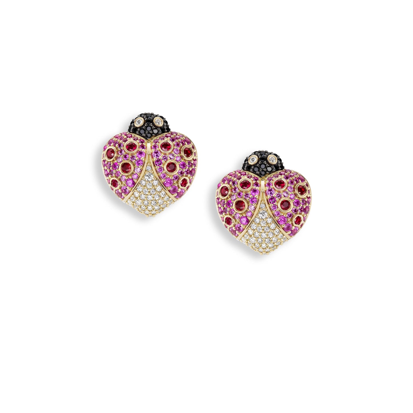 pink heart shaped lady bug earrings on a white background