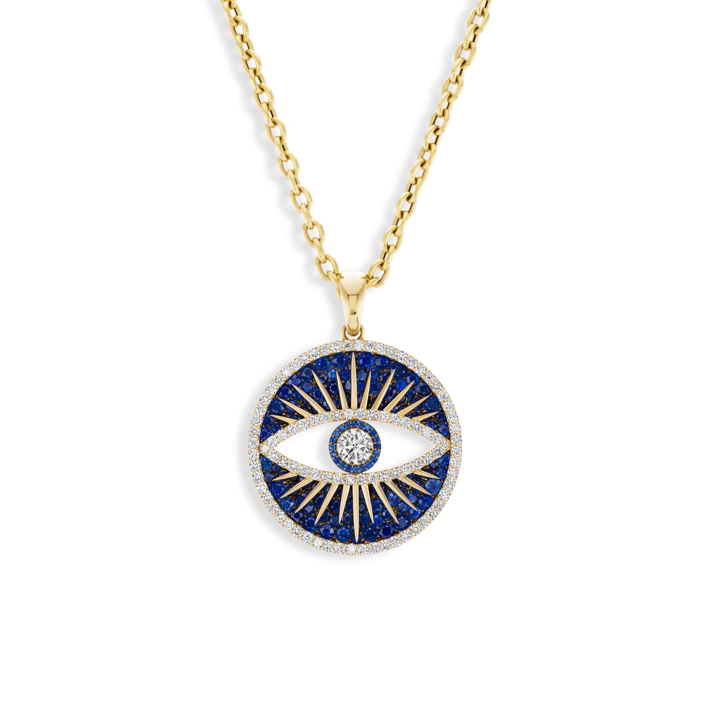 Gold necklace with a blue evil eye pendant on a white background