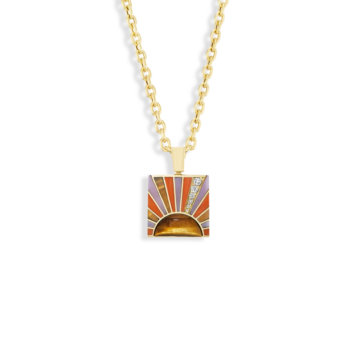 Inlay Diamond Sun Ray Pendant with a Tigers Eye Cabochon Center