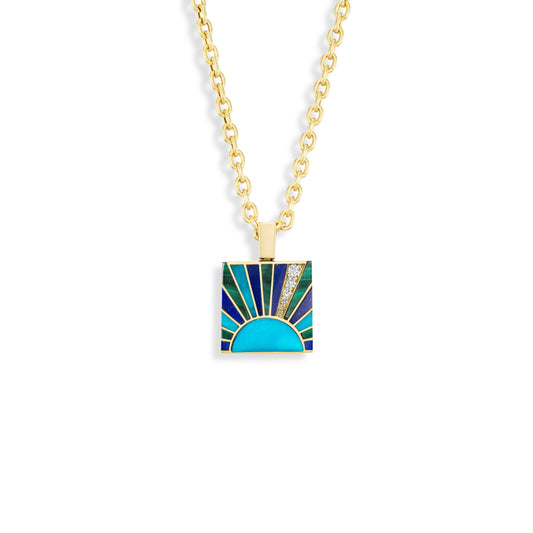 Inlay Diamond Sun Ray Pendant with a Turquoise Cabochon Center