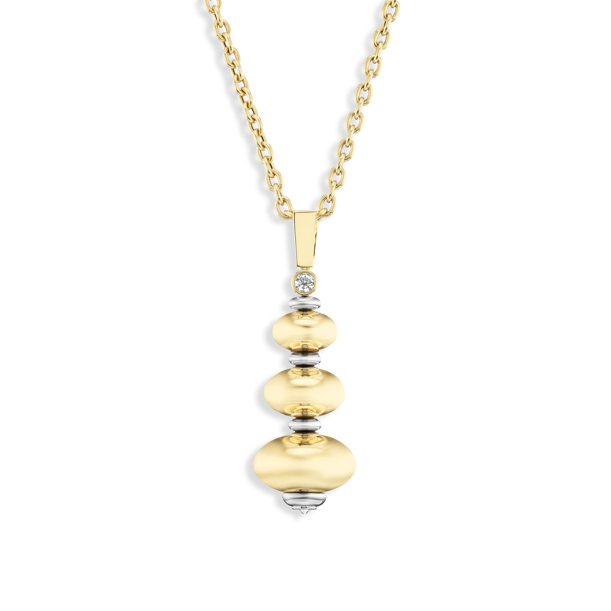Gold necklace with a pendant of gold beads on a white background