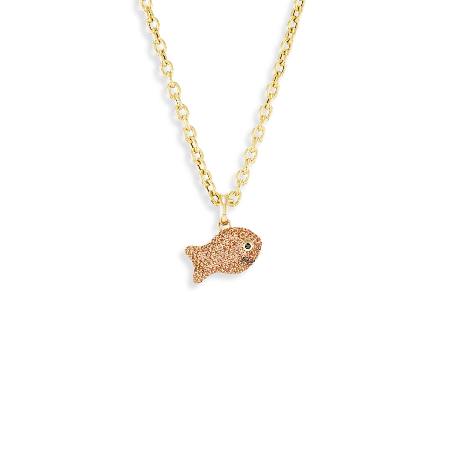Gold necklace with a small gold fish pendant on a white background