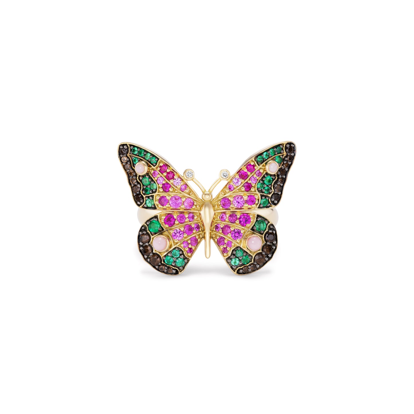 An 18k yellow gold ring in the shape of a butterfly, featuring blue and pink diamonds, orange sapphires, smoky quartz, white diamonds, and carved turquoise.