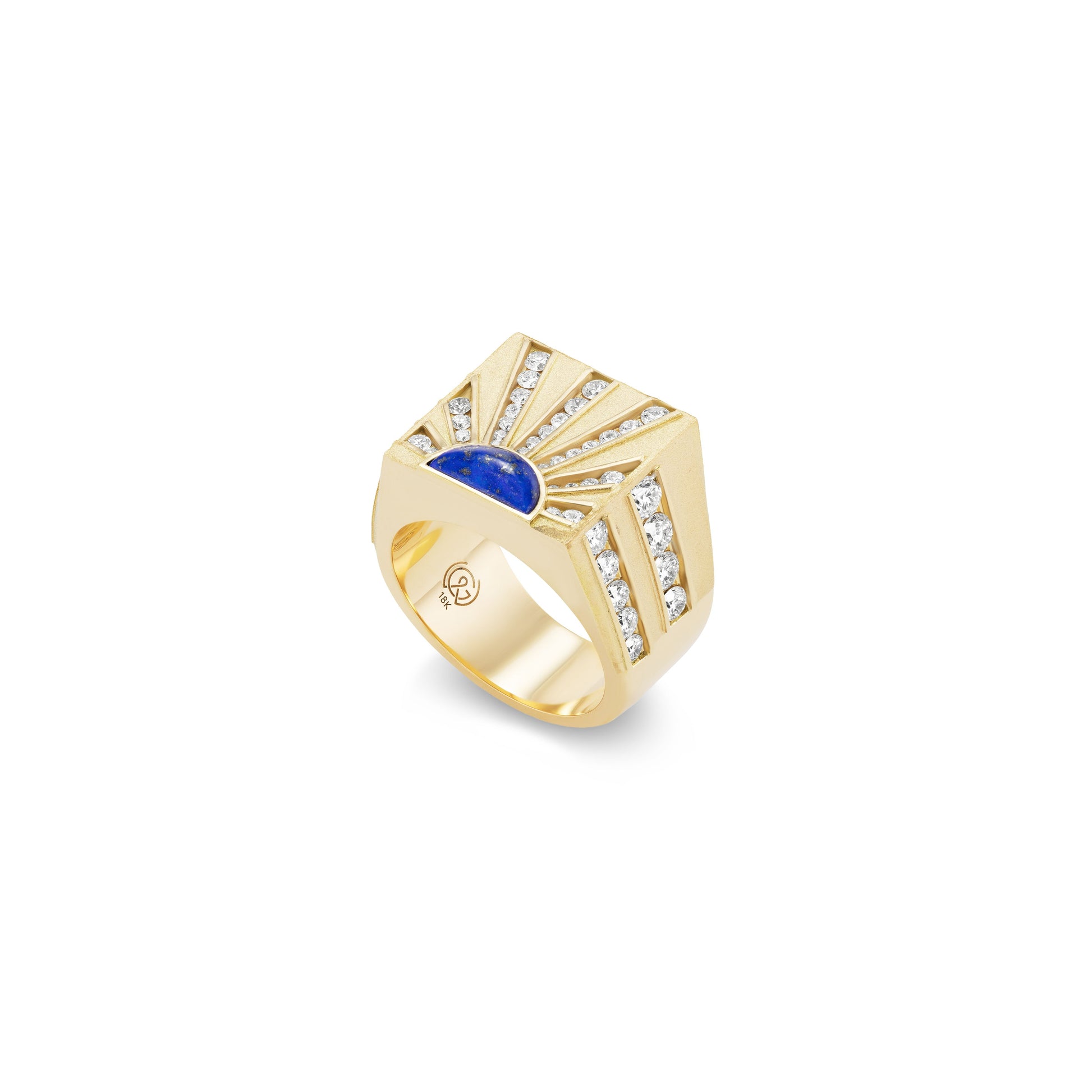Gold ring with a blue Lapis gemstone and diamonds on a white background