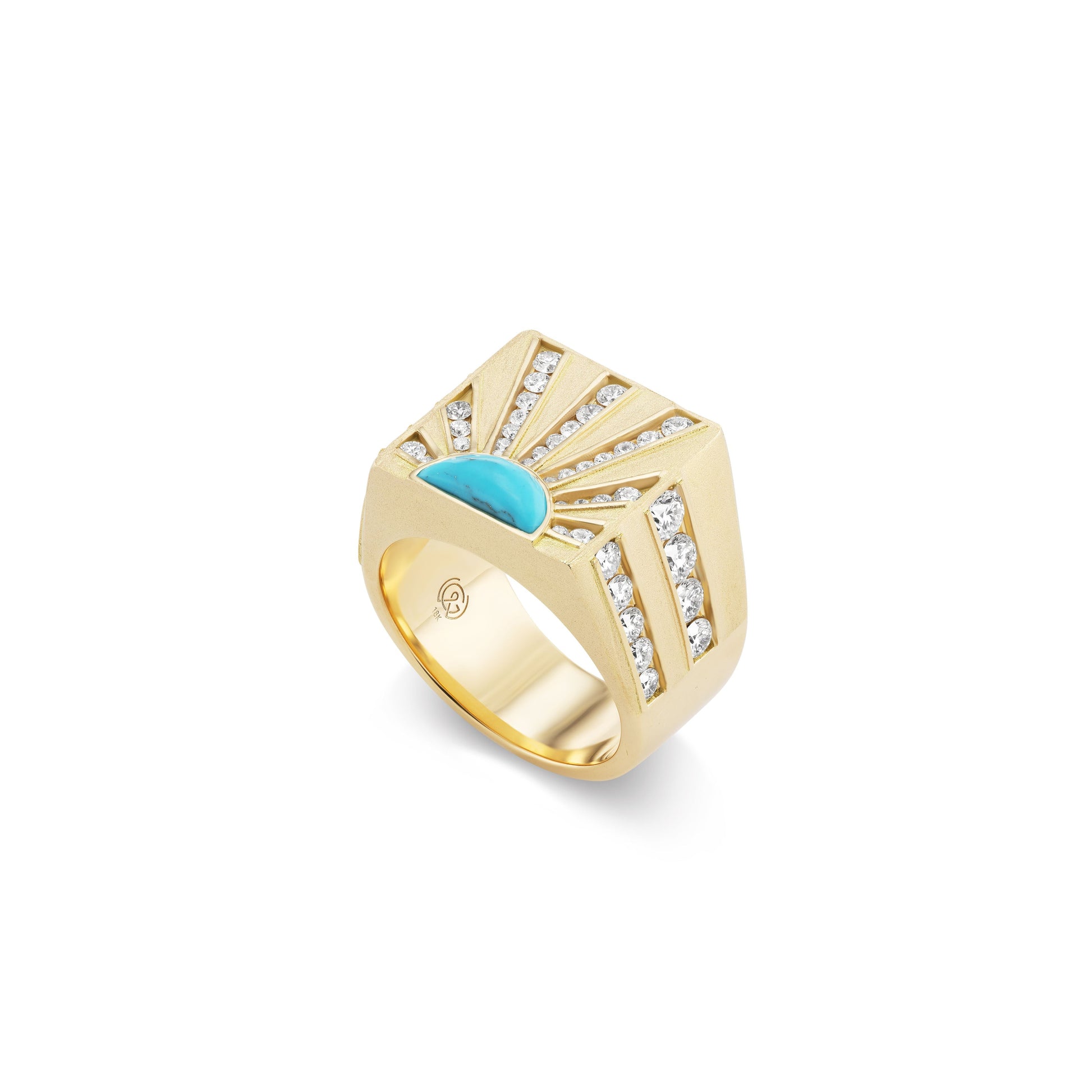 Gold ring with a turquoise stone and diamonds in a sunburst pattern on a white background