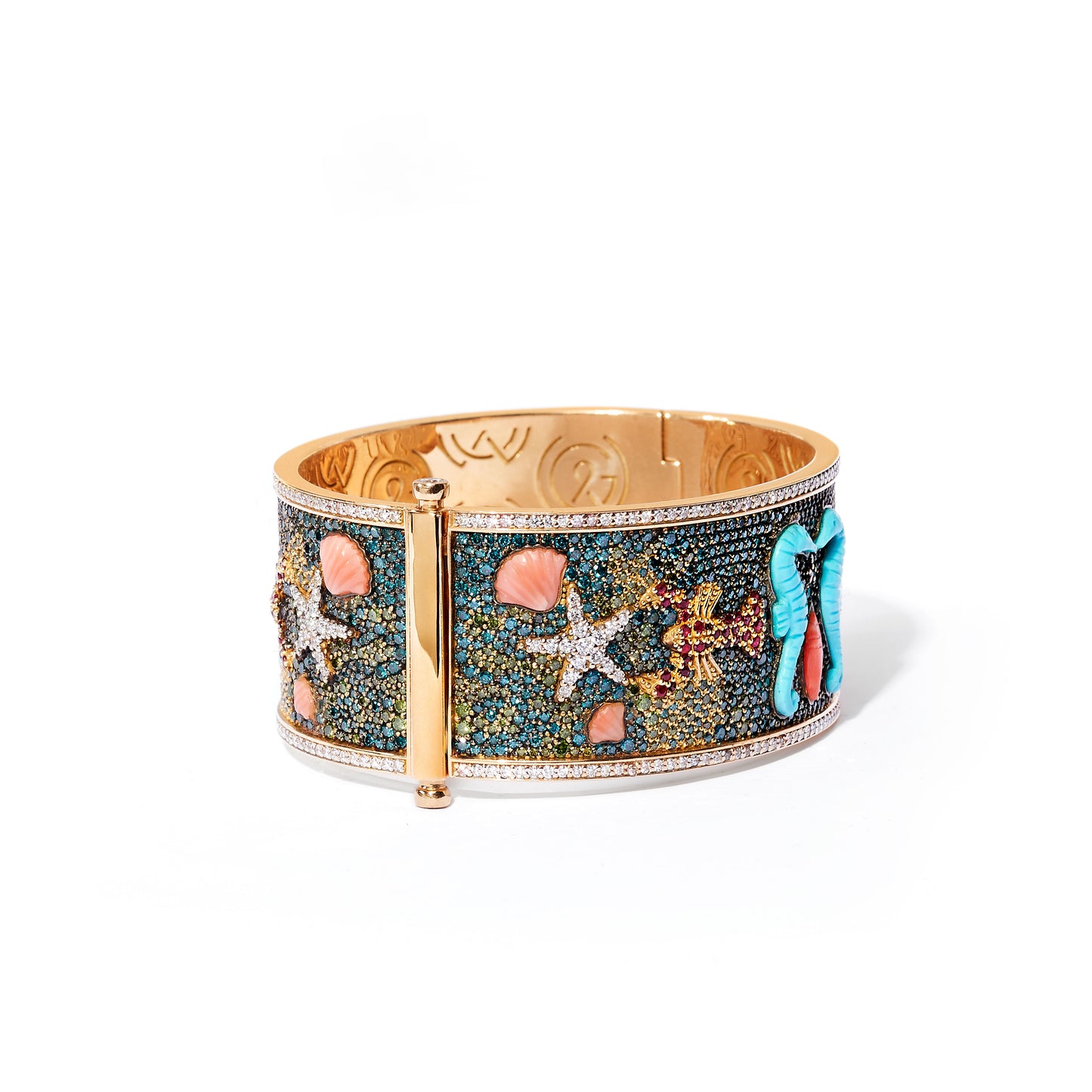 Side view of Mates For Life Bracelet by Grace Winfrey symbolizing enduring partnerships. Includes carved stone seahorses and other sea life.