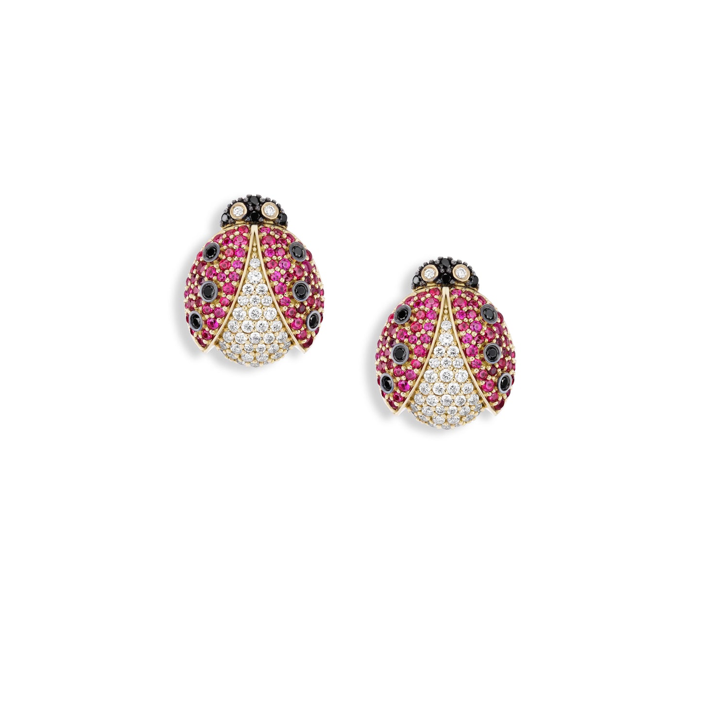 Pair of decorative earrings with pink and black gemstones on a white background