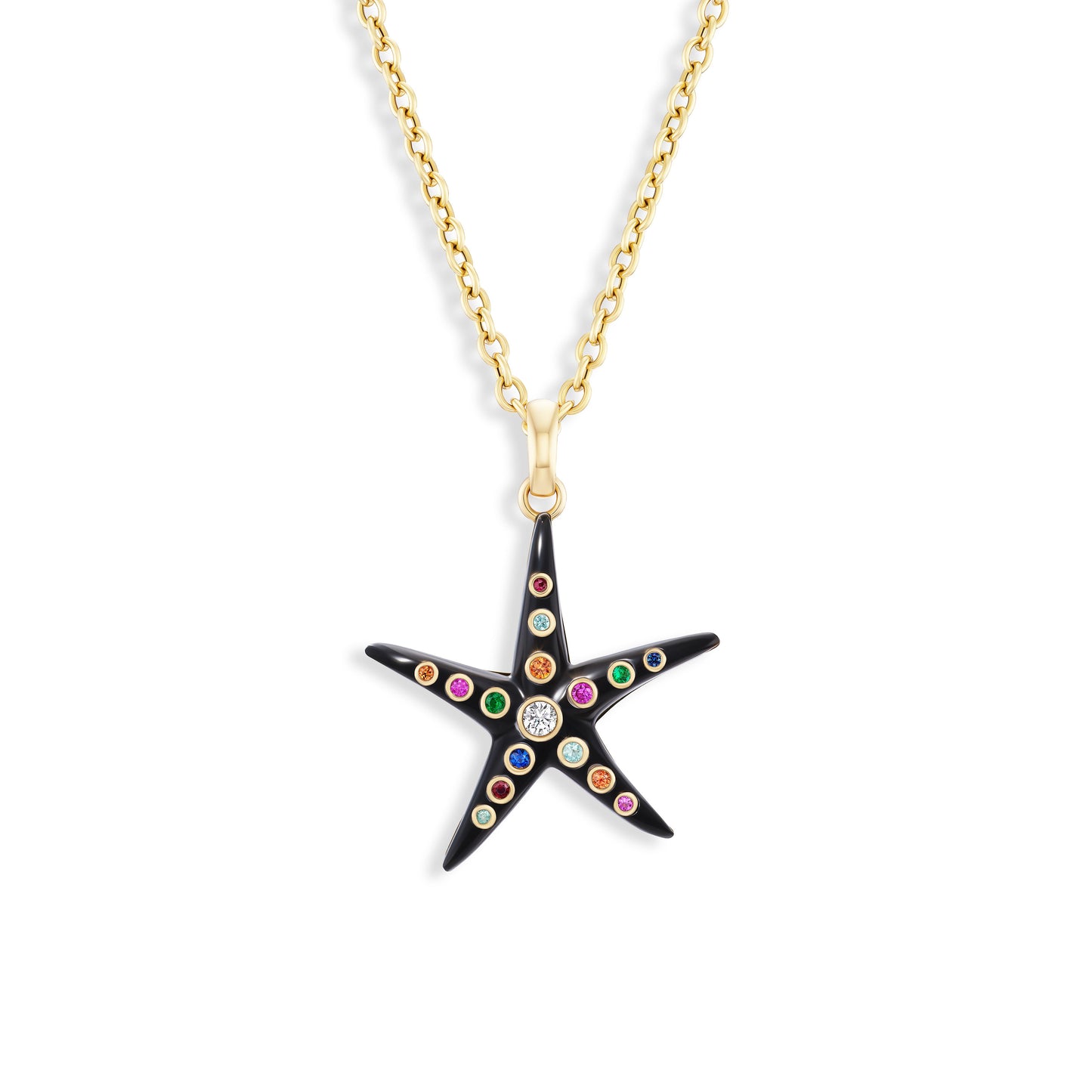 Starfish pendant with multicolored stones on a gold chain