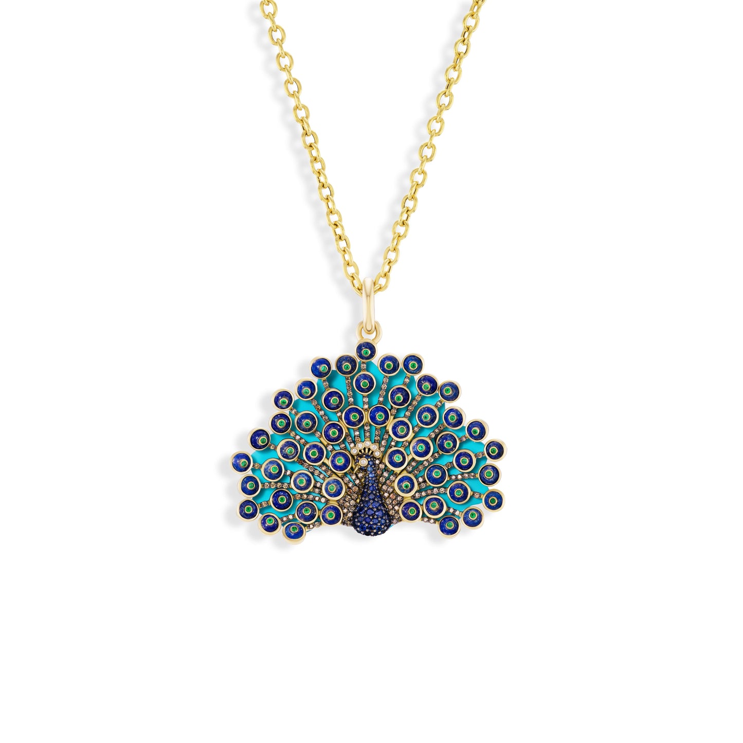 Necklace with a peacock pendant on a white background