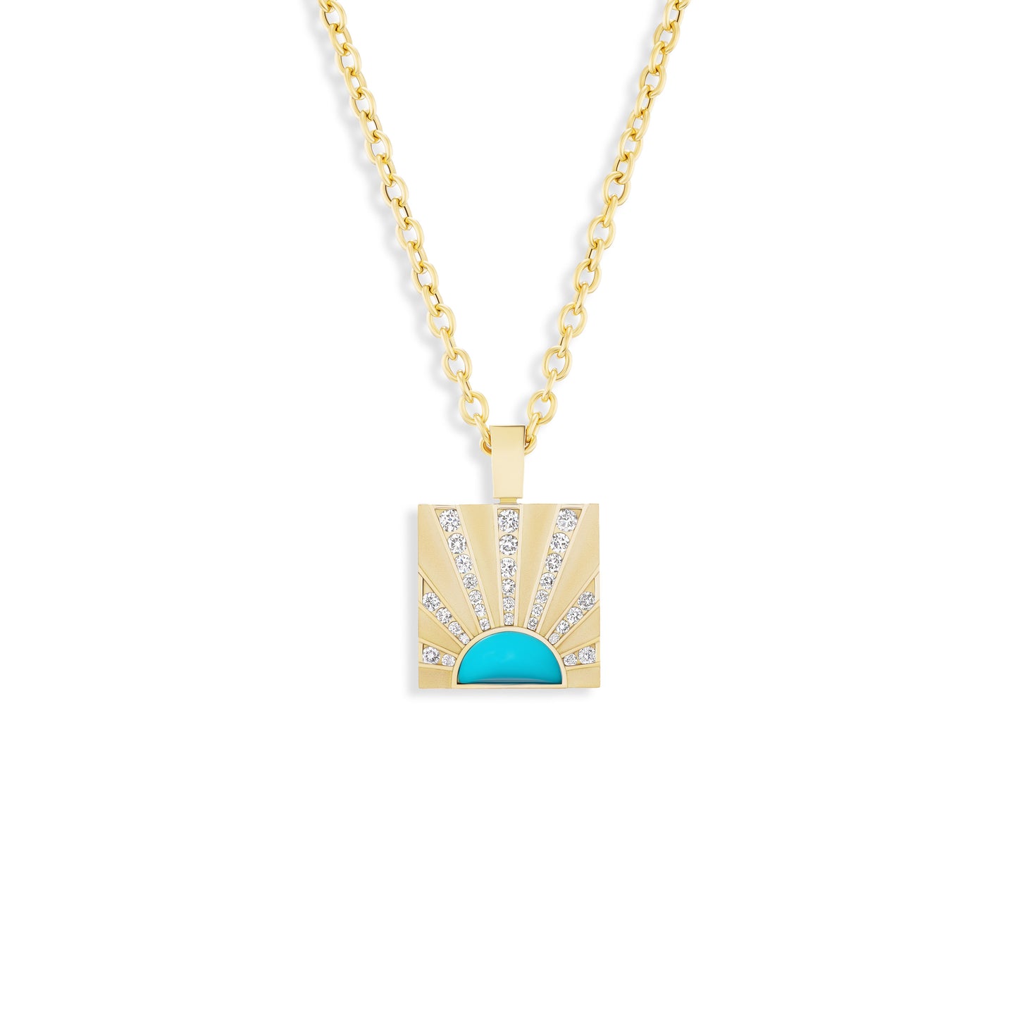 Gold necklace with a square pendant featuring a turquoise stone on a white background