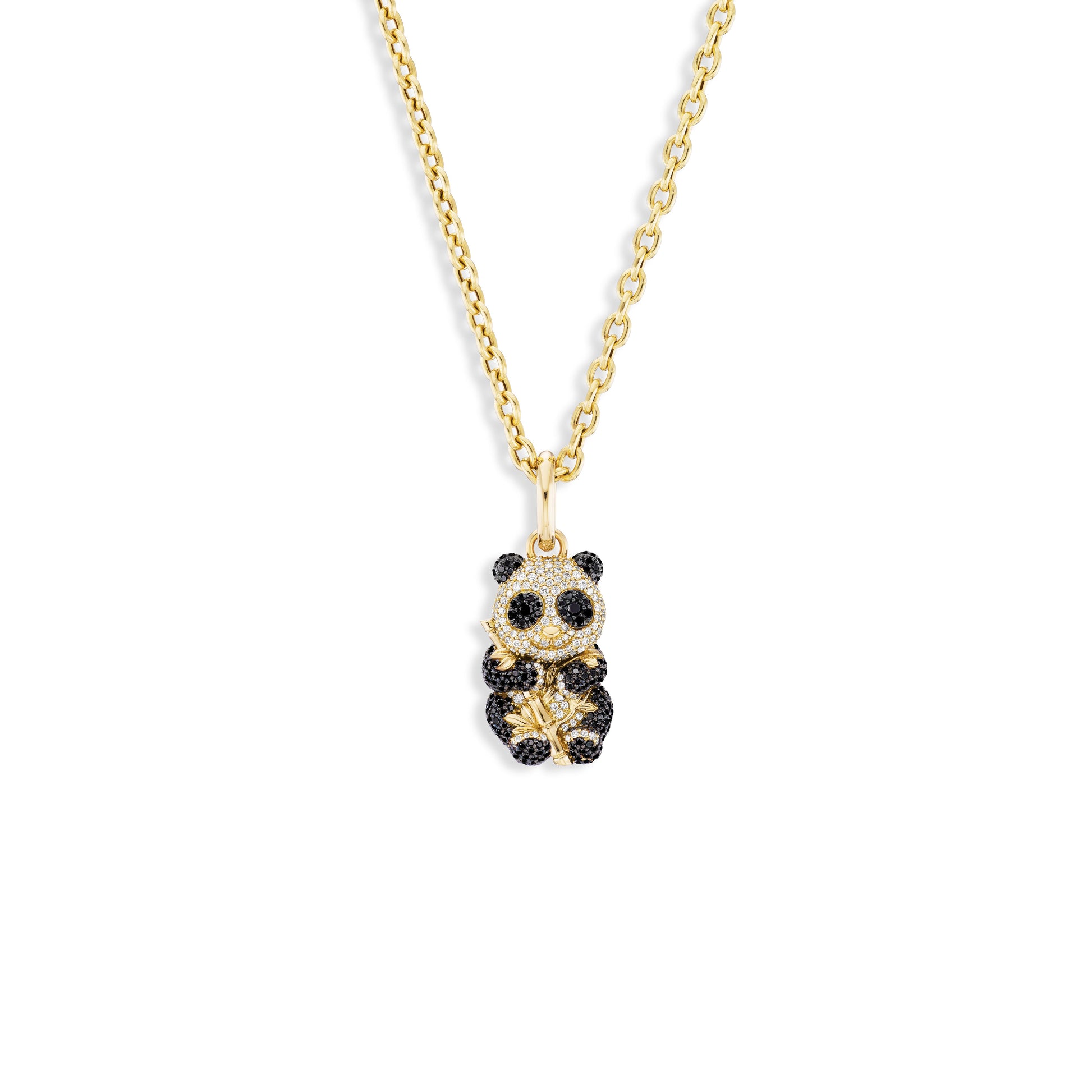 Panda-shaped pendant on a gold chain against a white background