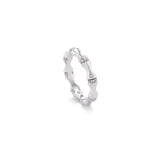 Silver ring with a bamboo design with diamonds on a white background