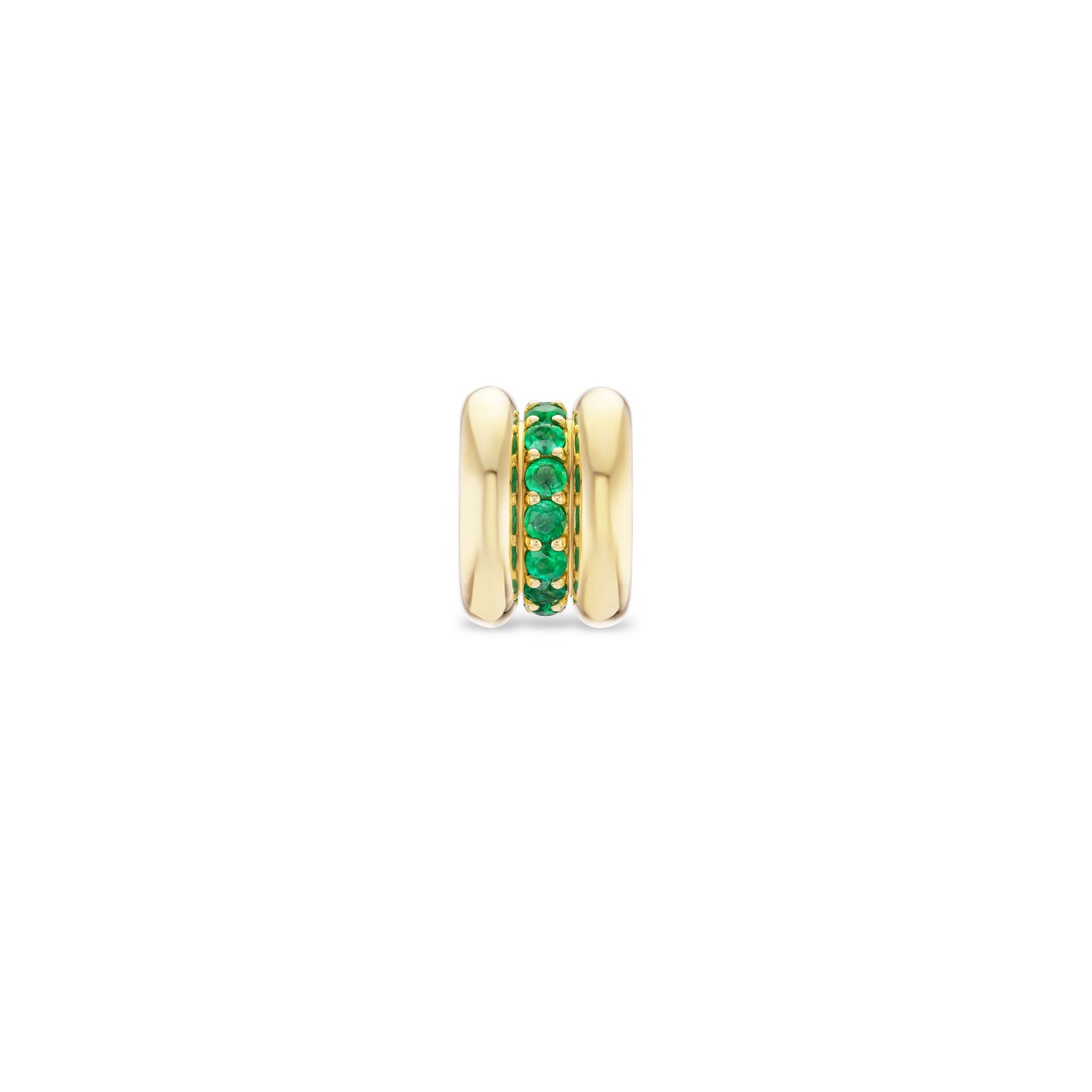 Gold charm with green gemstones on a white background
