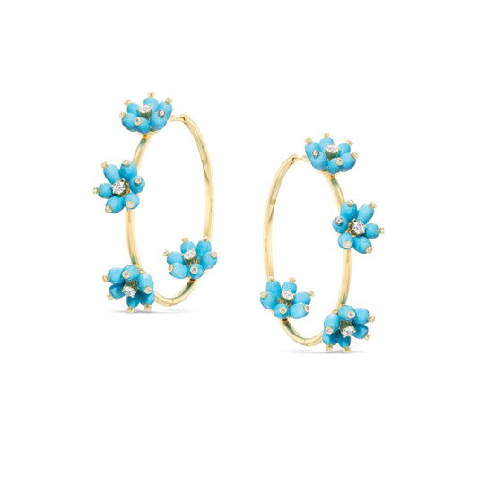 Cactus Flower Hoops with Diamonds and Turquoise