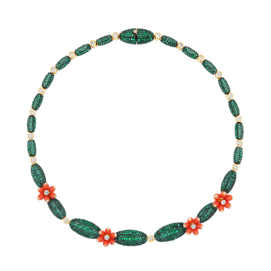 Cactus Flower Tennis Necklace with Emeralds