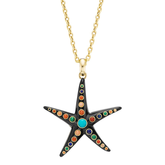 Large Starfish Pendant with Onyx and Rainbow Cabochons