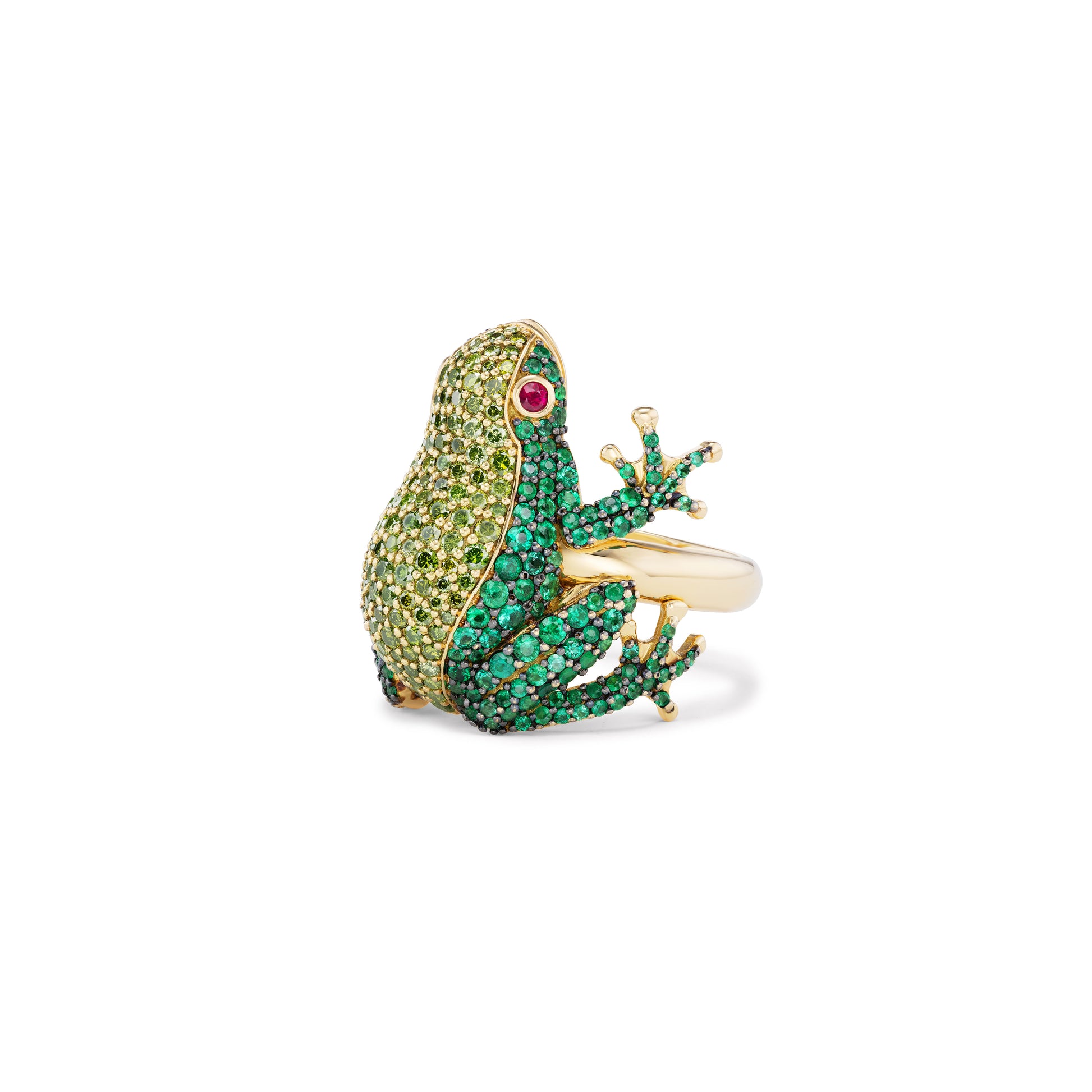 Frog Ring with Emeralds and Green Diamonds