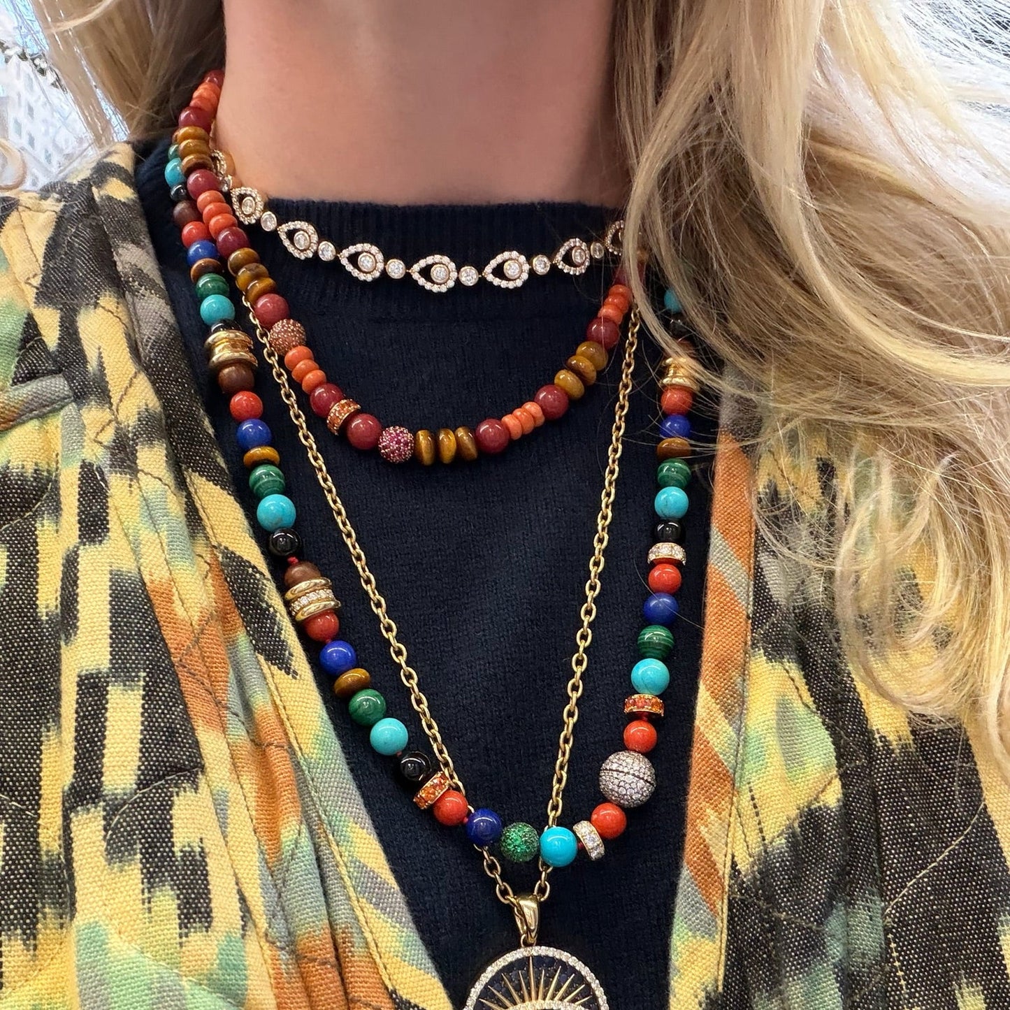 Woman wearing colorful necklaces