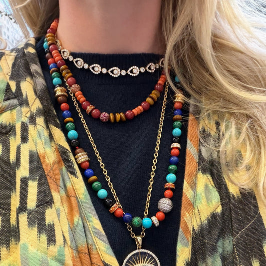 Woman wearing colorful necklaces