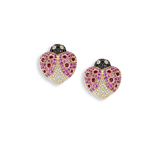 pink heart shaped lady bug earrings on a white background 