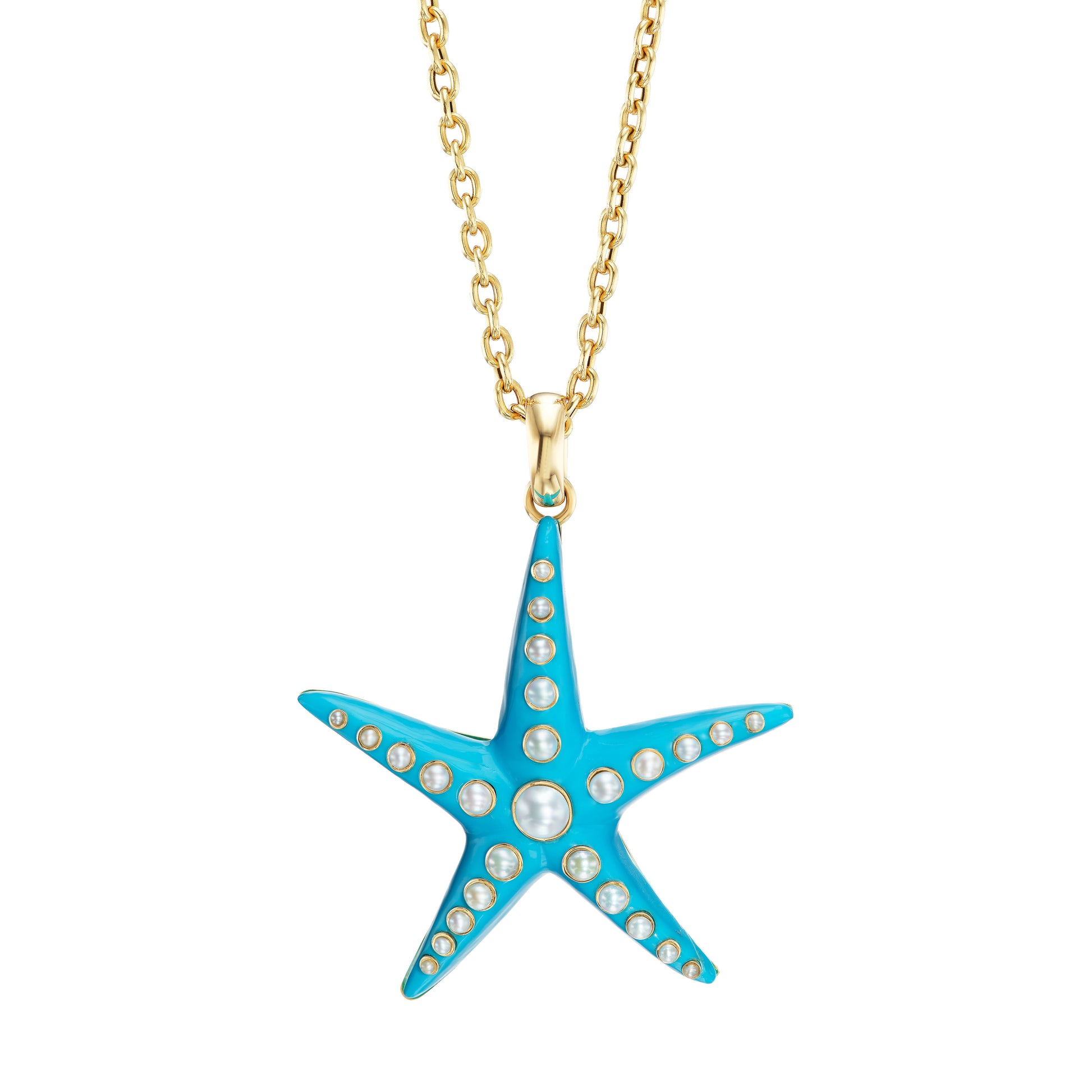Teal starfish shaped pendant with imbedded pearls on a gold chain necklace
