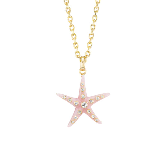 A pink opal starfish pendant with white diamonds set in a yellow gold chain.