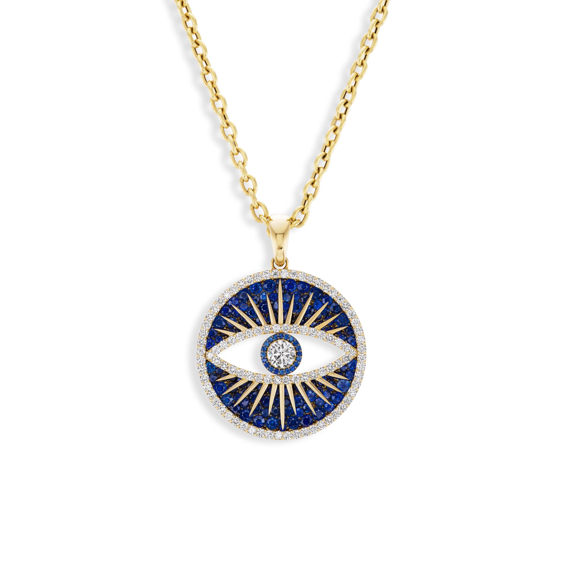 Gold necklace with a blue evil eye pendant on a white background