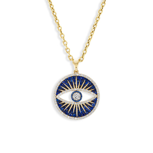 Gold necklace with a blue evil eye pendant on a white background