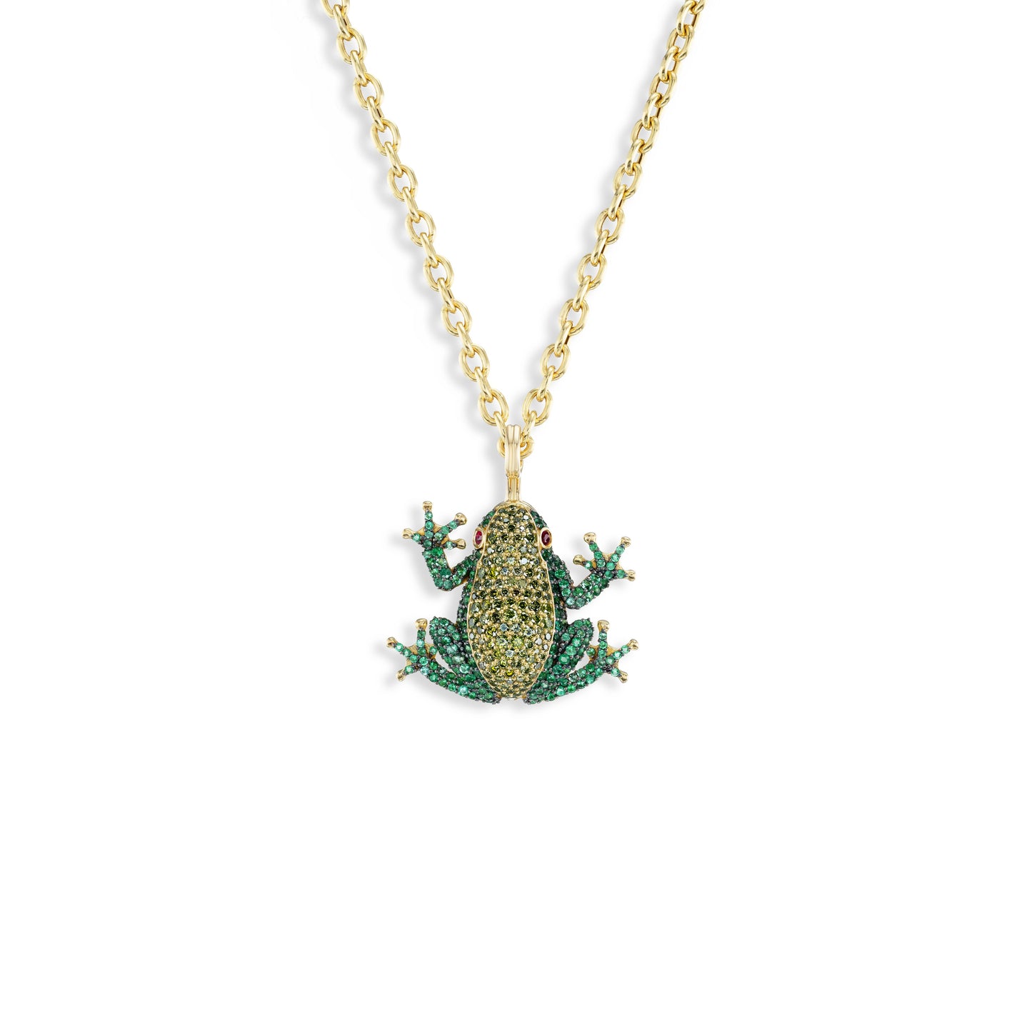 Gold necklace with a green frog pendant on a white background